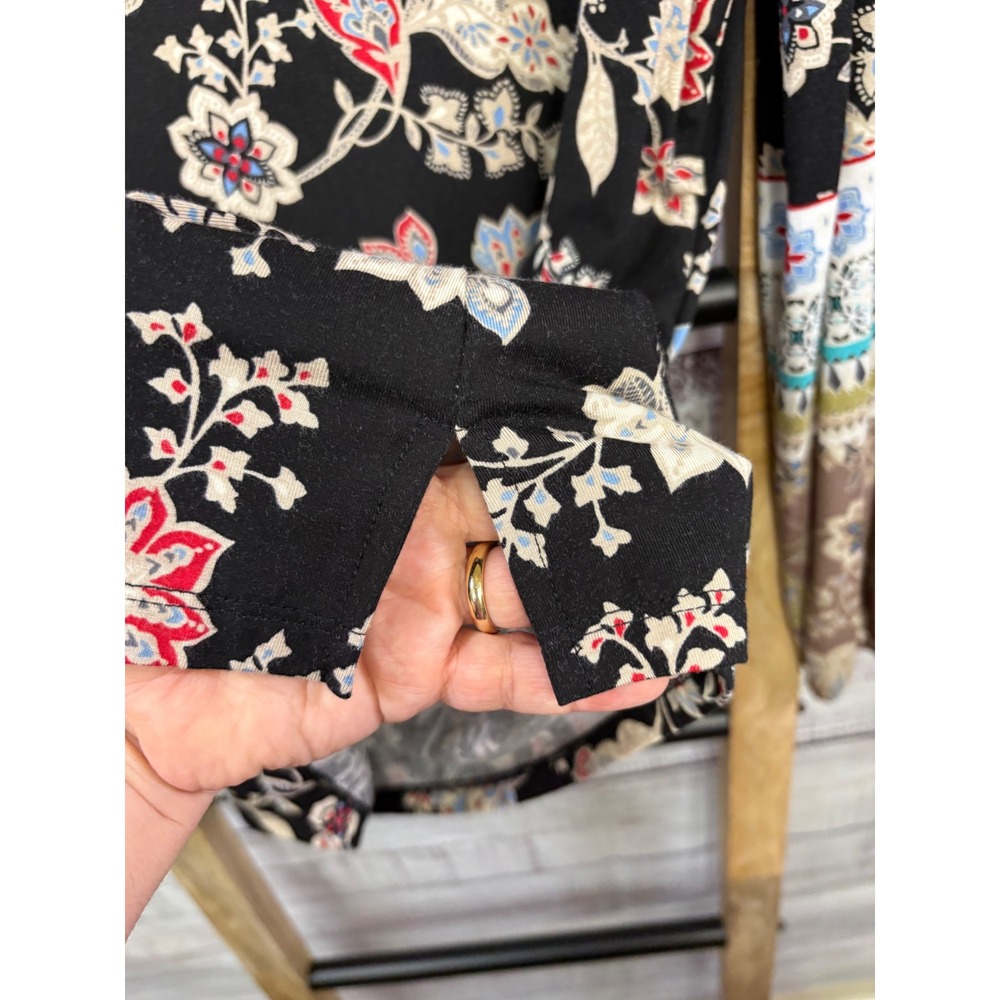 Belle Boho Kim Gravel Black Floral Paisley Split Neck Long Sleeve Top XS - Picture 7 of 10